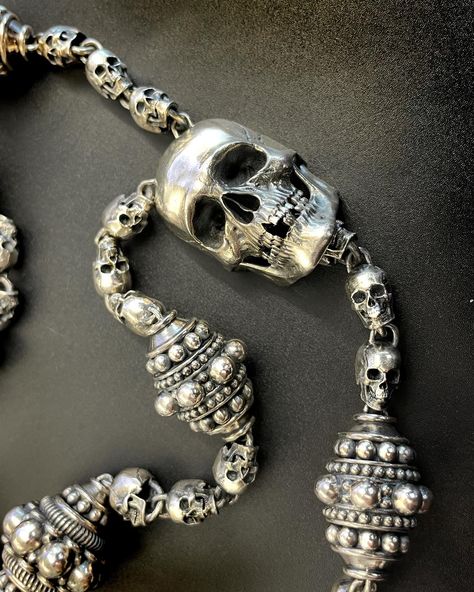 beautiful & massive silver skull rosary by Mortis Ores Jewelery 1 pound of badassery 👊🏻😎👊🏻 available only and exclusively in our Webshop www.MortisOres.com 🤘🏻💀🤘🏻💀🤘🏻💀🤘🏻💀🤘🏻💀🤘🏻 #skull #skulls #skulllover #skullart #skullartwork #925silver #rosary #rosarybeads #necklace #bikerjewelry #biker #bikerstyle #silverchain #jewlerydesigner #silversmith #jewleryoftheday #badass #rockstyle #mementomori #silvernecklace #beaded #instajewellery #mensjewelry #mensfashion #rosary #gothicstyle #gothic #crosspen... Skull Rosary, Gothic Elegance, Biker Jewelry, Skull Lover, Skull Artwork, Rosary Necklace, Edgy Style, A Skull, The Skull