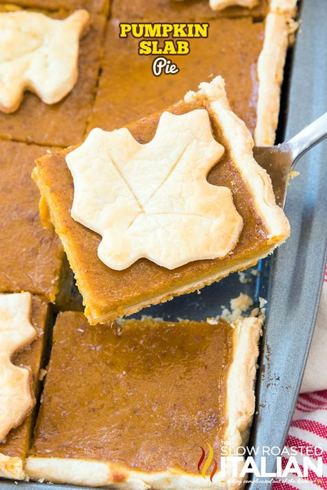 Pumpkin Slab Pie is the perfect fall dessert for a crowd! Creamy pumpkin pie on top of a buttery homemade crust, top it with whipped cream or serve a la mode! Pumpkin Slab Pie Recipe, Pumpkin Slab Pie, Slab Pies, Slab Pie Recipes, Slow Roasted Italian, Pie Thanksgiving, Recipes Pumpkin, Cinnamon Pumpkin, Printable Recipes