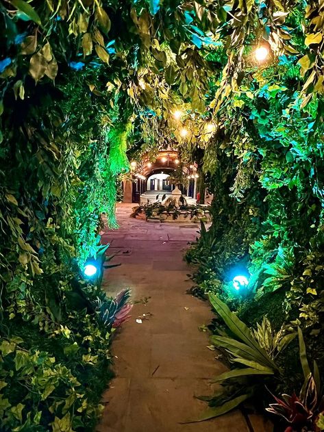 Created using our fire retardant and artificial foliage. How stunning is this tunnel? It is perfect as an entrance or as a feature piece. Even better yet, they can be customised and bespoke to your choice. Speak to our team: www.event-trees.com , for more information. Jungle Theme Decorations, Quinceanera Themes Dresses, Painting Exhibition, Enchanted Forest Theme, Event Entrance, Neon Jungle, Tree Tunnel, Party Entrance, Flamingo Painting