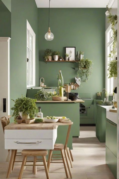 home decor interior design,interior bedroom design,designer wall paint,home paint colors Green Accent Wall Kitchen, Kitchen Wall Colours, Green Walls Kitchen, Kitchen Sage Green, Sage Green Kitchen Walls, Kitchen Wall Paint, English Countryside Style, Green Kitchen Walls, Handles For Cabinets