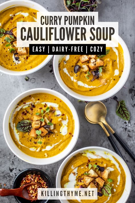 This creamy pumpkin and roasted cauliflower soup will cozy you right up with it's warming aroma and spiced flavors. #soup #cauliflower #pumpkin #seasonal #fall #autumn #curry Roasted Cauliflower Curry Soup, Cauliflower Pumpkin Soup, Pumpkin And Cauliflower Soup, Pumpkin Cauliflower Curry, Pumpkin Cauliflower Soup, Healthy Pumpkin Soup Recipe, Cauliflower Recipes Soup, Cauliflower Curry Soup, Curry Cauliflower Soup