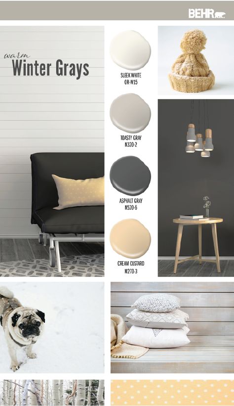 You can add a warm and cozy feel to your home while still staying true to the classic style of a neutral color palette. Just explore this variety of BEHR Paint shades! Modern hues like Sleek White, Toasty Gray, Asphalt Gray, and Cream Custard will pair beautifully with your interior design scheme. Toasty Gray Behr Color Palettes, Asphalt Gray Behr Paint, Behr Asphalt Gray, Toasty Grey Paint Behr, Sleek White Behr Paint, Behr Sleek White, Toasty Gray Behr Paint, Behr Toasty Gray, Behr Paint Colors Grey