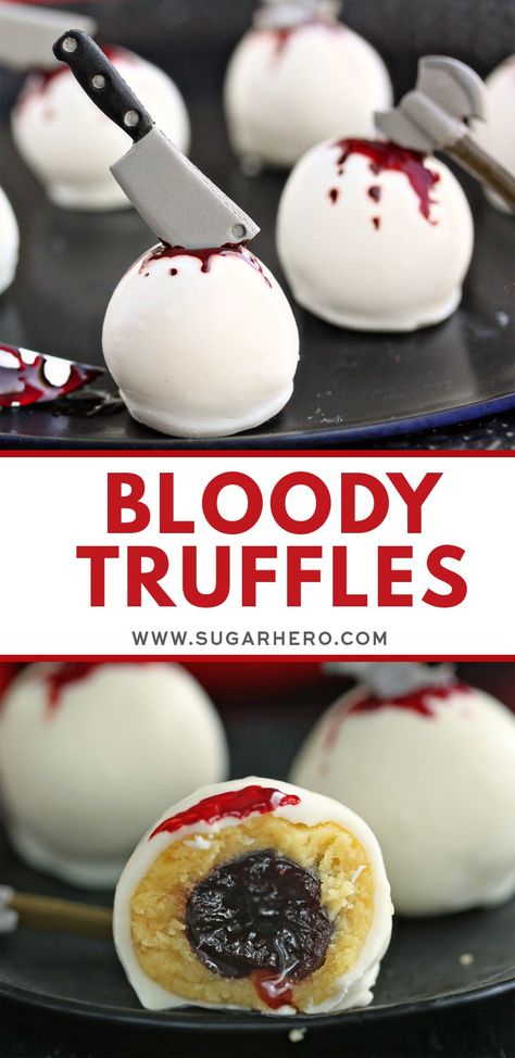 Bloody Truffles - if you like creepy Halloween candies, these Bloody Truffles are for you! They're soft cake truffles, decorated with candy weapons and a bit of edible "blood." Spooky! | From SugarHero.com #sugarhero #halloween #halloweencandies #halloweentruffles #caketruffles Halloween Cake Balls, Edible Blood, Halloween Truffles, Soft Vanilla Cake, Horror Cake, Scary Cakes, Halloween Deserts, Halloween Candies, Spooky Cake