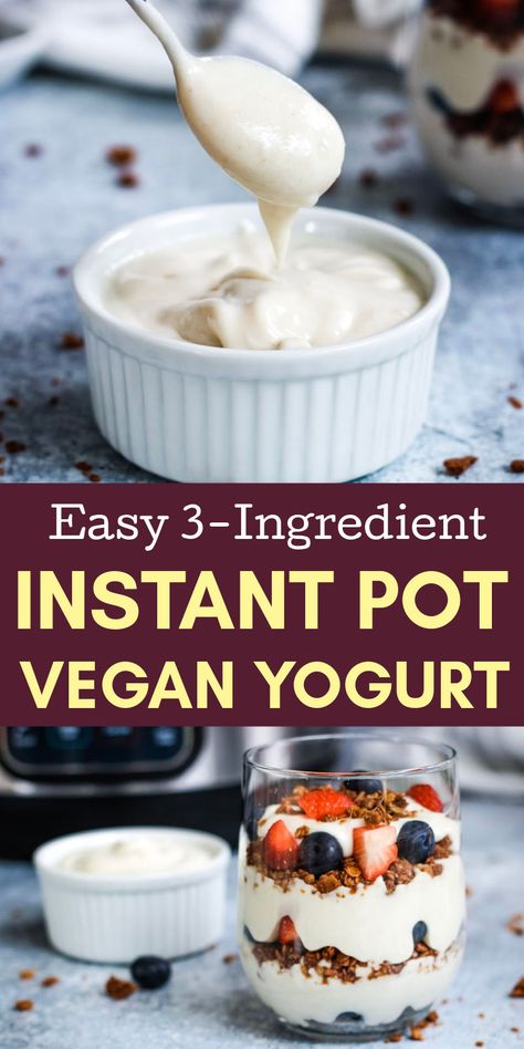 This deliciously creamy and thick Instant Pot vegan yogurt is made with just 3 ingredients - oats, cashews, and water. A soy free, coconut free yogurt that's naturally thick without the addition of thickeners like xanthan gum, arrowroot powder, agar agar, etc. Homemade Vegan Yogurt, Coconut Yogurt Instant Pot, Cashew Milk Yogurt, Lactose Free Yogurt, Oat Yogurt, Vegan Yogurt Recipe, Yogurt Starter Culture, Instant Pot Yogurt Recipe, Vegan Greek Yogurt