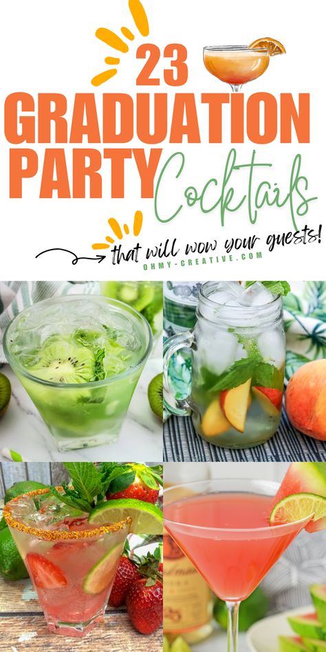 Graduation season is here, and it’s time to celebrate! Whatever size your party is, our list of Graduation Party Cocktails has the perfect drinks to make your party unforgettable. From refreshing summer sips to elegant mixed drinks, these recipes are sure to impress your guests. Explore fun festive cocktails like the Summer Kiwi Mojito, Watermelon Martini, Frozen Peach Margaritas and the Classic Mojito. Each cocktail comes with easy-to-follow instructions and tips for a flawless presentation. Teacher Themed Alcoholic Drinks, Grad Party Cocktails, Graduation Cocktail, Graduation Party Drink Ideas, Graduation Cocktail Drink Names, Grad Party Alcohol Bar Ideas, Watermelon Martini, Peach Margarita, Drink Names