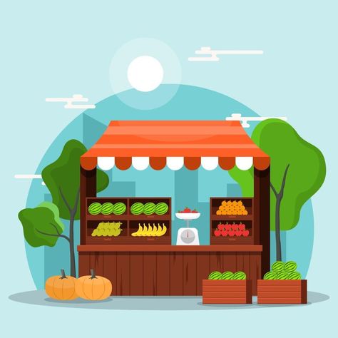 Fresh Fruit Vegetable Store Stall Stand Grocery in Market Illustration Fruit Stand Drawing, Fruit Market Illustration, Market Illustration, Fruit Stall, Birthday Chart, Vegetable Stand, Fruit Shop, Fruit Stands, Market Stalls