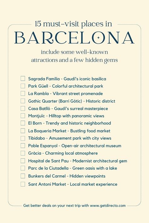 Discover the 15 Iconic Places to Visit in Barcelona. Save for your next trip! Barcelona Travel Checklist, Places To Visit In Barcelona Spain, Places To Go In Barcelona, Barcelona Spain Travel Itinerary, Trip To Barcelona Spain, Barcelona To Do List, Barcelona Weekend Trip, Barcelona Trip Things To Do, Barcelona Must Do