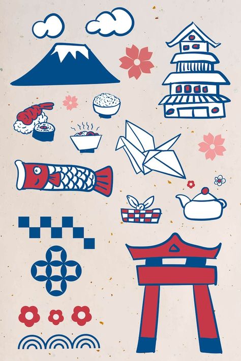 Music Thumbnail, Japanese Symbols, Japanese Food Illustration, Flag Template, Sticker Inspo, Japan Flag, Japanese Symbol, Vector Icons Illustration, Free Hand Drawing