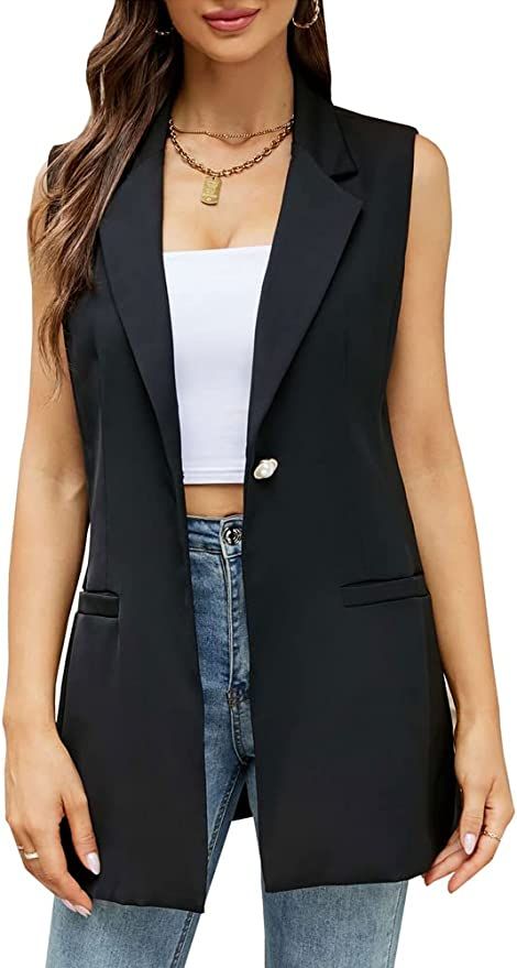 Sleeveless Long Blazer, Styling Blazers Women Work Outfits, Race Jacket Outfit, Long Vest Outfits For Women, Woman Vest Outfit, Sleeveless Jacket Outfit, Sleeveless Blazer Outfit, Summer Jackets For Women, Long Vest Outfit