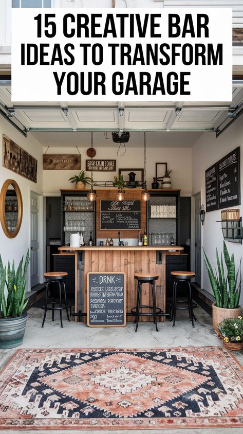 Looking to turn your garage into the ultimate home bar? These 15 creative garage bar ideas will inspire you to create a cozy, stylish, and functional bar setup. Whether you prefer a rustic pub, modern cocktail lounge, or an industrial speakeasy, these transformations will help you design the perfect garage bar for entertaining. #GarageBar #HomeBarIdeas #DIYBar #GarageMakeover #garagemancave #garageideas Industrial Speakeasy, Garage Seating, Garage Mancave Ideas, Wine Barrel Bar Table, Garage Party Decorations, Garage Decorating Ideas, Rustic Pub, Garage Bar Ideas, Cozy Pub