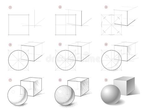 How to draw step-wise still life sketch of geometric shapes, cube, ball. Creation step by step pencil drawing. royalty free illustration Still Life Sketch, Geometric Shapes Drawing, Life Sketch, Pencil Drawings For Beginners, Perspective Drawing Lessons, How To Draw Steps, Geometric Shapes Art, Nature Sketch, Object Drawing