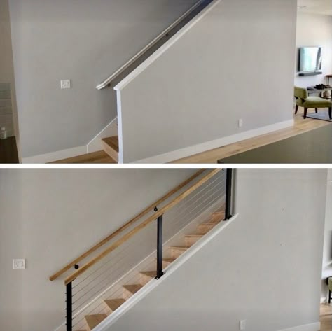 Half Wall Staircase, Stairs Diy Renovation, Wall Staircase, Diy Stair Railing, Stairwell Wall, Stair Renovation, Remove Wall, Interior Stair Railing, Stairs Renovation