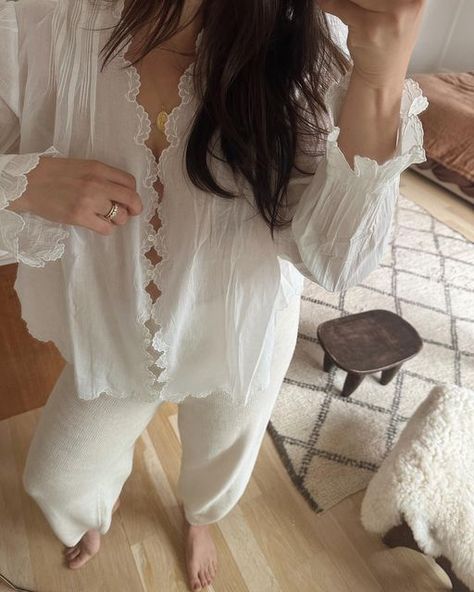 lindsey trapp on Instagram: "🪡🕊️🕊️" Romantic Pajamas, Lace Pyjamas Nightwear, Feminine Pajamas Aesthetic, Feminine Pyjamas, Lace Pyjamas Aesthetic, Women's Pajamas, Cottagecore Lace Trim Sleepwear For Home, Princesscore Pajamas, White Cottagecore Sleepwear With Lace Trim