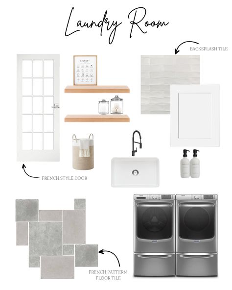 Laundry room moodboard, design, French pattern floors Laundry Mood Board, Laundry Room Mood Board, Room Mood Board, French Pattern, Patterned Floor Tiles, Floor Patterns, Tile Backsplash, Laundry Room, Backsplash