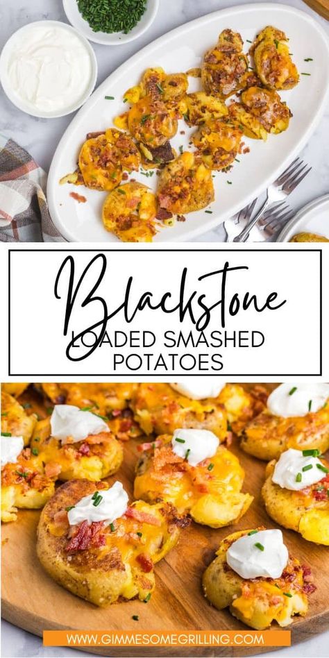 This delicious smashed potato recipe combines crispy bacon, gooey cheese, and creamy potatoes for the ultimate comfort food dish. Easy to make side dish on the Blackstone and perfect for any meal! Potato Recipes On Blackstone, Bbq Brisket Smashed Potato, Baked Potatoes On Blackstone Griddle, Blackstone Grill Recipes Vegetarian, Black Stone Ideas, Smash Potatoes On Blackstone, Blackstone Potatoes Recipes, Blackstone Dinner Ideas For A Crowd, Black Stone Griddle Recipes Easy