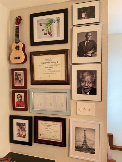 Gallery Wall With Diplomas, Degree Gallery Wall, Certificate Wall Display Ideas Office, Displaying Diplomas, Diploma Wall, Memorabilia Wall, Diploma Display, Science Sans, Bathroom 2024