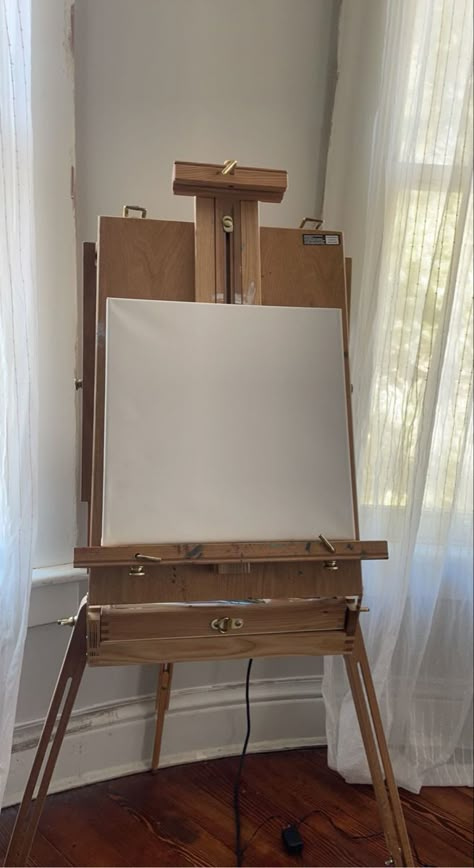 Easel In Bedroom, Painting Easel Aesthetic, Blank Canvas Aesthetic, Bedroom Inspo Simple, White Aesthetic Simple, Easel Aesthetic, Sheer Curtains Bedroom, Rebecca Jenshak, Painting Easel