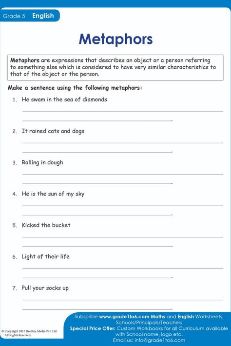 These metaphor worksheets from www.grade1to6.com, for PYP, Grade 5 and 6, Common core, KS2, Canadian curriculum will teach students to use metaphors in writing. Subscribe to www.grade1to6.com for just $25 a year to get 6000 plus Maths and English worksheets for Grade 1 to Grade 6 #mathworksheets #schoolprincipals #englishworksheets English Metaphors, Metaphor Worksheet, Ks2 English Worksheets, English Worksheets For Grade 1, Free English Worksheets, Worksheets For Grade 1, Similes And Metaphors, Teaching English Grammar, Essay Writing Skills