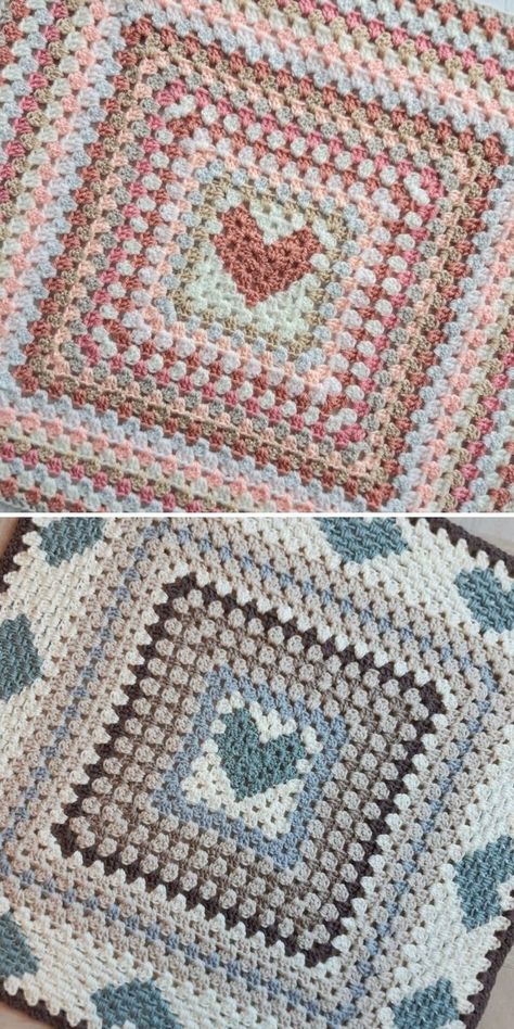 Easy Heart Stitch Ideas Blanket Heart Crochet, Easy Crochet Patterns Free Blanket Simple Granny Squares, Crochet Throw Free Pattern, Crochet Heart Pattern Blanket, Crochet Blanket Patterns Easy Simple, Crochet Heart Granny Square Tutorial, Granny Square With Heart Center, Granny Square Heart Crochet Pattern, Granny Heart Crochet Pattern Free