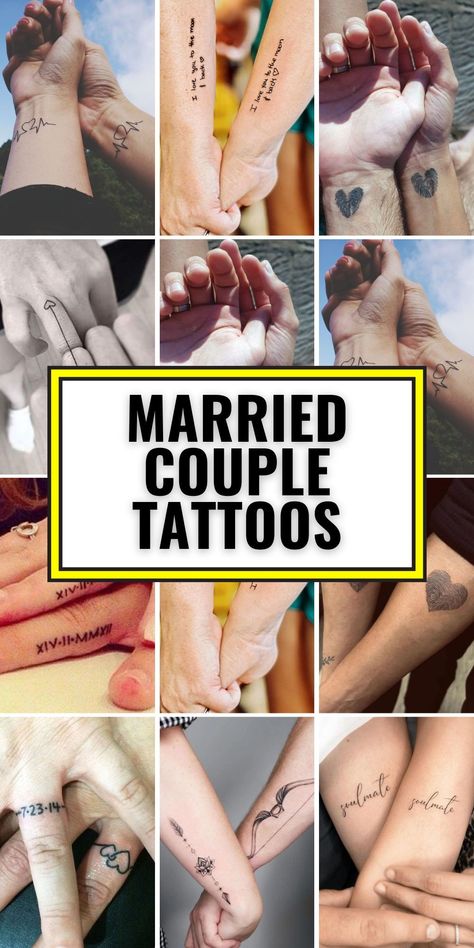 Celebrate your unique love with married couple tattoos that feature small and meaningful designs. Choose from cute matching tattoos, minimalist styles, or small infinity symbols. Unique ideas like a unique wedding ring or biblical elements make these tattoos a beautiful representation of your bond on your ring finger or small finger. Disney Up Couples Tattoos, His And Hers Small Tattoos, Couples Wrist Tattoos Marriage, Tattoos Married Couples, Dainty Wedding Tattoos, Sagittarius Couple Tattoo, His Hers Tattoos Couple, Couples Tattoos Biblical, Couples Tattoo Ideas Unique