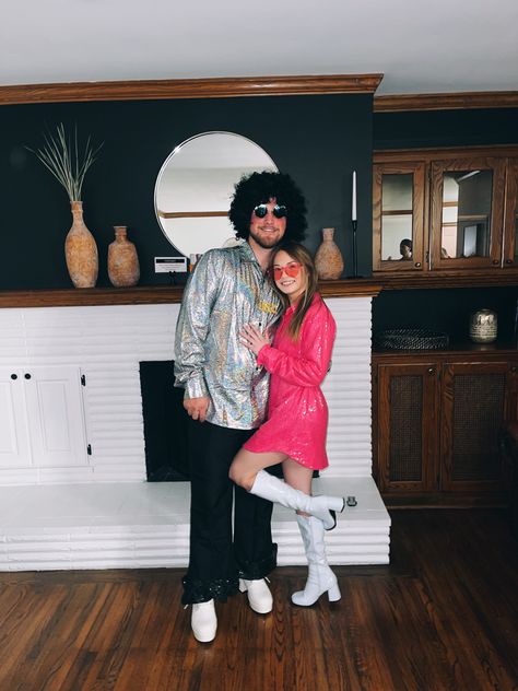 Couples disco theme outfits🪩🪩 Couples Disco Outfits, Disco Couple Outfit, Disco Couples Costume, Disco Couple Costume, 70s Disco Party Outfit Costume Ideas, 70s Couple Costume, 80s Party Outfits Couples, 80s Disco Party Outfit, Disco Couple