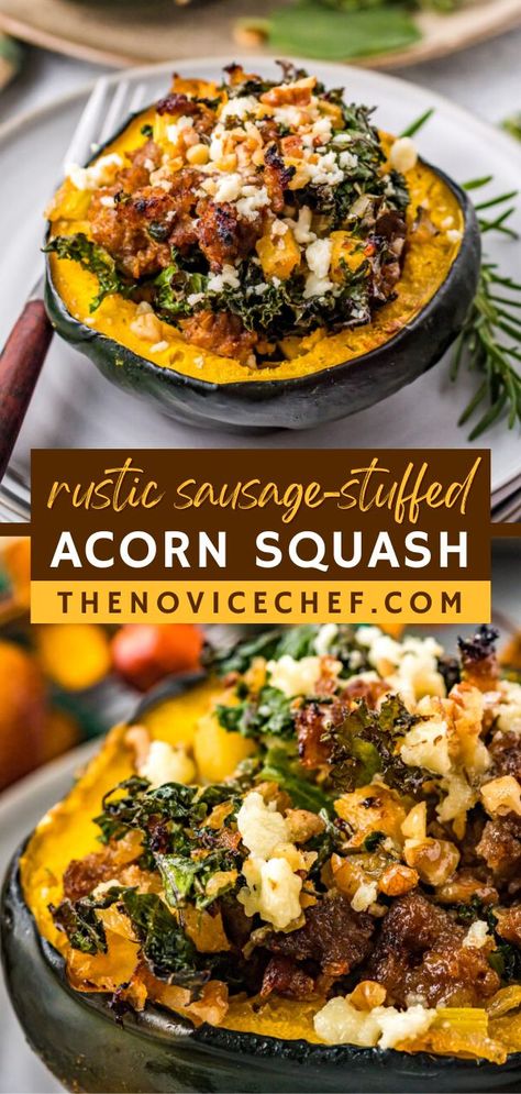 Rustic Sausage-Stuffed Acorn Squash, vegetable side dishes, dinner ideas Squash Meals, Acorn Squash Recipes Healthy, Sausage Stuffed Acorn Squash, Cozy Fall Dinner, Paleo Entrees, Acorn Squash Recipe, Camping Foods, Stuffed Acorn Squash, Acorn Squash Recipes