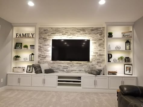 Feature Wall Living Room, Built In Shelves Living Room, Living Room Wall Units, Living Room Built Ins, Living Room Entertainment Center, Shelves Living Room, Basement Living Rooms, Kids Basement, Basement Living