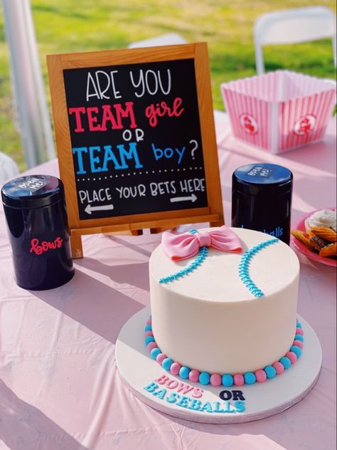 Baseballs Or Bows Gender Reveal Cake, Baseball Or Bows Cake, Gender Reveal Ideas Baseball Theme, Baseball Themed Gender Reveal Party, Baseball Gender Reveal Cake, Baseball Or Bows Gender Reveal Decor, Baseball Gender Reveal Party Decorations, Baseball And Bows Gender Reveal Ideas, Gender Reveal Baseball Or Bows