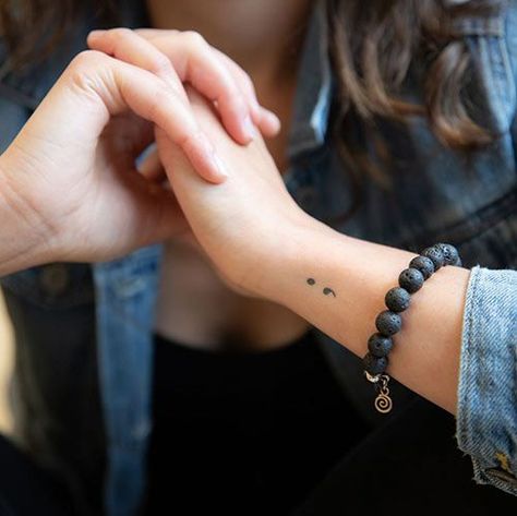 Line Art Semicolon Tattoo, Tattoo Titik Koma, Tiny Semicolon Tattoo, Coma Tattoo, Small Semicolon Tattoo, Semicolon Tattoos, Colon Tattoo, Girl Neck Tattoos, Awareness Tattoo