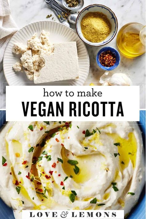 This vegan ricotta cheese is easy to make with plant-based ingredients like tofu and nutritional yeast! Rich and creamy, it's delicious in lasagna, stuffed shells, and more. Almond Milk Ricotta Cheese, Veg Cake, Vegan Edibles, Vegan Ricotta Cheese, Lasagna Stuffed Shells, Lasagna Pizza, Ricotta Recipe, Tofu Ricotta, Vegan Ricotta