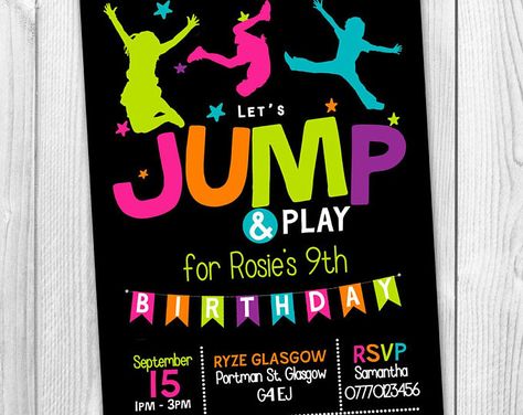 Gymnastics Theme Party, Trampoline Party Invitations, Jump Party Invitations, Party Celebration Ideas, Jump House, Trampoline Party, Birthday Party Invitations Free, Jump Party, Happy Birthday Bunting