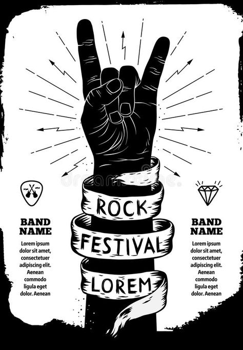 Rock festival poster. Rock and Roll hand sign. Vector illustration #Sponsored , #Affiliate, #ad, #festival, #Roll, #Vector, #poster Rock And Roll Hand Sign, Rock Festival Poster, Music Logo Inspiration, Music Festival Logos, Poster Rock, Festival Logo, Music Festival Poster, Rock Festival, Rock Hand