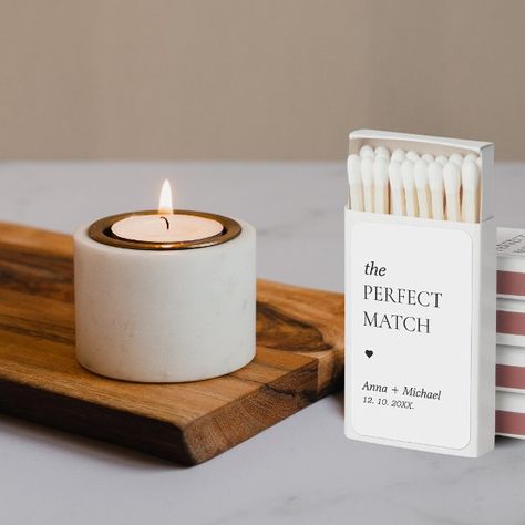 Perfect Match Modern Elegant Unique Wedding Favor His And Hers Wedding Favors, Personalized Wedding Matches, Classy Wedding Favors, Candle Wedding Favor, Wedding Match Boxes, Modern Wedding Favors, Simple Wedding Favors, Wedding Coasters Favors, Wedding Reception Favors