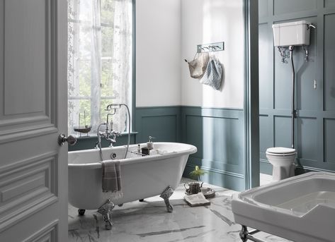 Nautical Victorian Decor, Burlington Bathroom Ideas, Panelled Bathroom Ideas, Eaves Bathroom, Paneled Bathroom, Panelled Bathroom, Bathroom Refurbishment, Period Bathroom, Edwardian Bathroom