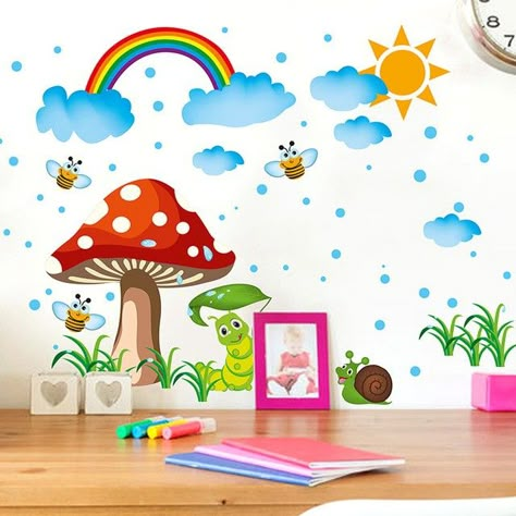 School Wall Art Ideas, Mushroom Snail, School Wall Decoration, Diy Mushroom, Classroom Decor Middle, Rainbow Room Decor, Wall Art Drawing, School Wall Art, Wallpaper Wall Decor