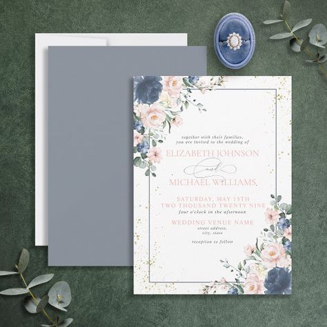 Light Dusty Blue, Modern Hand Lettering, Afternoon Wedding, Pink And Gold Wedding, Botanical Wedding Invitations, Botanical Wedding, Elegant Invitations, Floral Invitation, Wedding Planning Tips