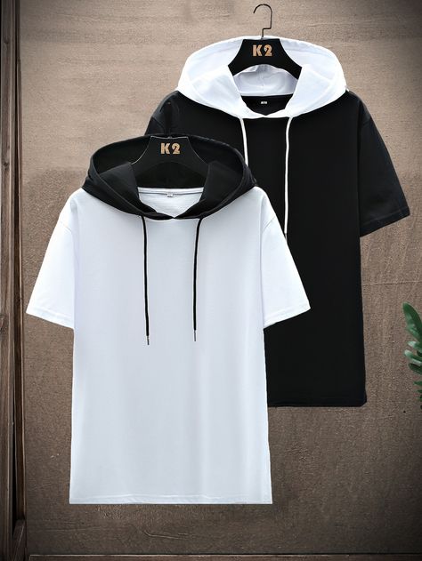 Black and White Casual  Short Sleeve Cotton Blends Colorblock  Embellished Slight Stretch Summer Men Tops Pakistani Formal Dresses, Stylish Hoodies, Stylish Men Casual, Hooded Tee, Black And White Shorts, Mens Casual Dress Outfits, Men Stylish Dress, Short Sleeve Hoodie, Cool Outfits For Men