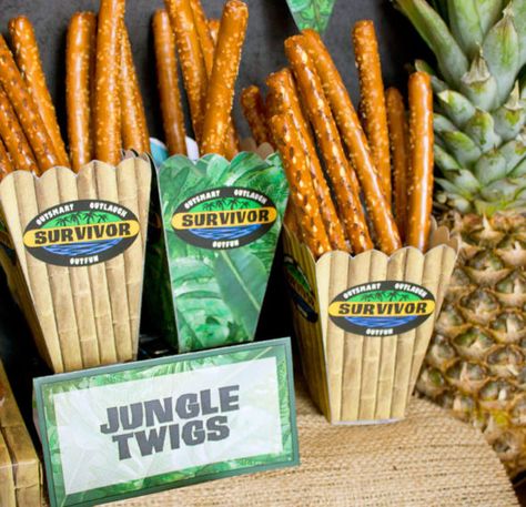 Survivor party printables | Chica and Jo Survivor Theme Food Party Ideas, Survivor Food Ideas, Survivor Party Food Ideas, Survivor Themed Food, Theme Food Party Ideas, Survivor Party Games, Remission Party, Food Party Ideas, Jungle Food