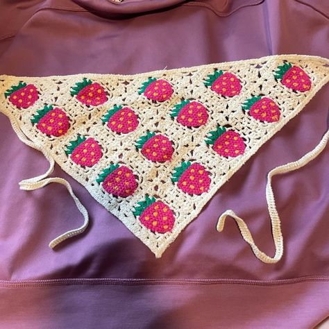 Strawberry cottage core bandana Crochet Bandana Strawberry, Crochet Strawberry Bandana Pattern Free, Strawberry Crochet Bandana, Strawberry Bandana Crochet, Cottage Core Bandana, Strawberry Cottage, Cute Bandana, Crochet Bandana, Crochet Strawberry