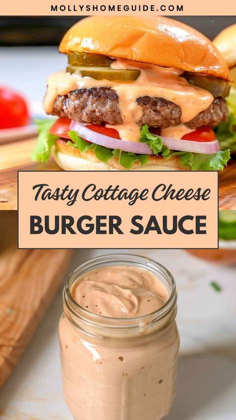 Indulge in the ultimate summer treat with our mouthwatering cottage cheese burger sauce recipe. This creamy and flavorful sauce is the perfect addition to your BBQ spread, adding a delicious twist to your classic burgers. Made with simple ingredients, this homemade sauce will elevate your grilling game and impress your friends and family.   Ingredients 1 cup cottage cheese 1/4 cup light mayo 1/4 cup sugar-free ketchup 1/4 cup plain greek yogurt 1/4 cup milk of choice 1/4 cup dill pickles, finely Burger Sauce Healthy, Cottage Cheese Mayo, Cottage Cheese Sauce Recipes, Cheese Burger Sauce, Cottage Cheese Sauce, Bbq Spread, Burger Sauce Recipe, Low Calorie Sauces, Low Calorie Pancakes