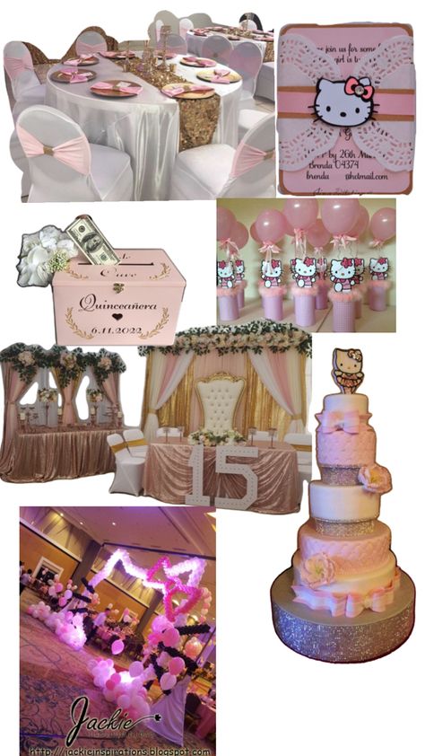 Sweet 16 Venues, Rose Gold Quince, Hello Kitty Birthday Theme, Sweet 16 Party Themes, Quince Decor, Sweet 15 Party Ideas Quinceanera, Sweet 15 Party Ideas, Quince Themes, Quinceanera Pink