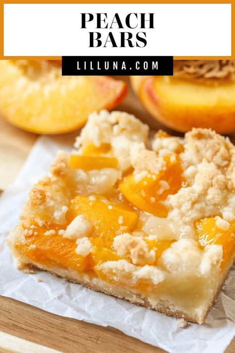 Peach Crumb Bars are one of our favorite summer treats! They're made from a buttery crust layered with juicy peaches and a crumbly topping. #peachcrumbbars #crumbbars #peachbars #peachdesserts #desserts Peach Crumb Bars, Peach Bars, Peach Crumble Bars, Baked Bars, Bar Desserts, Peach Dump Cake, Lemon Bars Easy, Crumb Bars, Peach Crumble