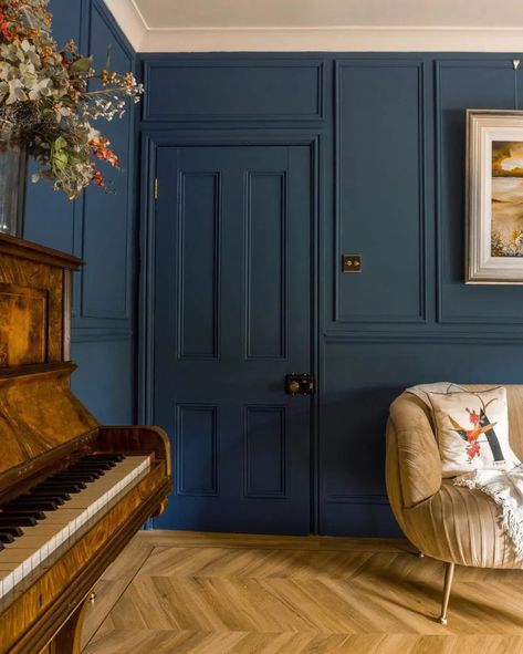 Interior with paint color Little Greene Hicks' Blue 208 Hicks Blue Little Greene, Color For Room, Coastal Apartment Decor, Hallway Paint Colors, Office Wall Colors, Blue Hallway, Coastal Apartment, Hallway Paint, Dark Blue Paint