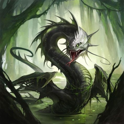 A fantasy artwork depicting a swamp serpent with wings. Snake Monster, Swamp Creature, Fantasy Beasts, Monster Concept Art, Fantasy Creatures Art, Fantasy Monster, Dragon Artwork, Mythical Creatures Art, Mythological Creatures