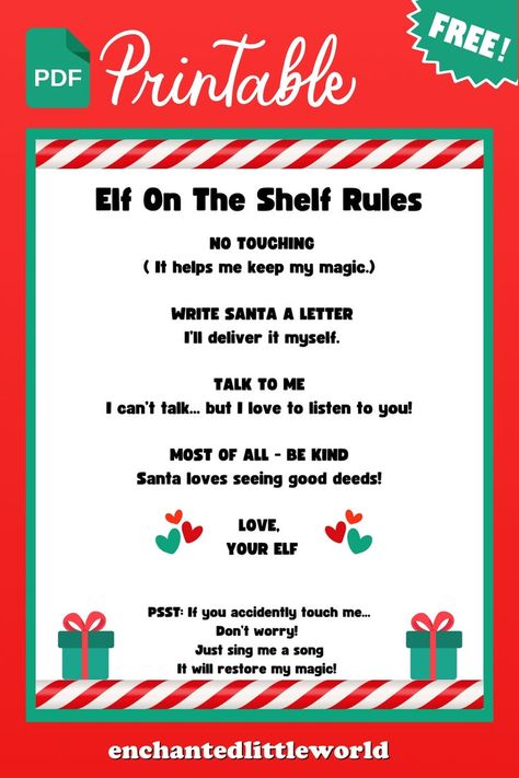 Elf on the Shelf Rules printable with a festive candy cane border, outlining fun and magical rules for kids to follow, like no touching the elf and writing letters to Santa. Perfect for enhancing Christmas traditions. Rules For Elf On The Shelf, Elf On A Shelf Rules, Elf On The Shelf Ideas Kindness, Elf On The Shelf Rules Printable, Elf On The Shelf Night 1, Elf On The Shelf Story, Elf On The Shelf Rules, Elf On The Shelf Notes, Elf Rules