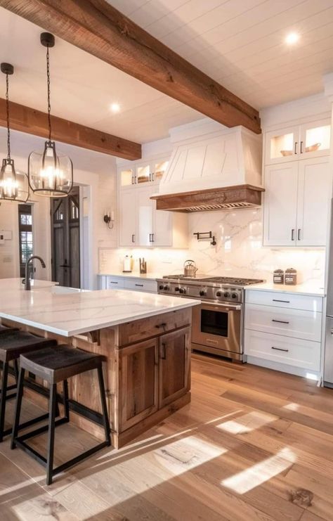 Farmhouse Kitchen With White Cabinets, Beam In Kitchen, Kitchen With White Cabinets, Farmhouse Kitchen Inspiration, Craftsman Interior, Walnut Kitchen, Dream Life House, White Cabinet, Kitchen Remodel Design