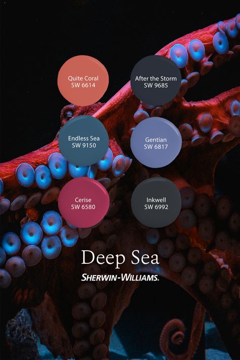 Color inspiration lurks just beneath the surface with this moody and mysterious deep-sea-inspired paint palette from Sherwin-Williams. Ready to get your DIY painting project started? We pre-loaded a shopping cart with six FREE color chips. Simply tap this pin to place an order, and we'll mail them to your door. #sherwinwilliams #paint #painting #sea #palette #interiordesign Moody Teal Color Palette, Wherein Williams Paint Palette, Deep Sea Colour Palette, Deep Sea Palette, Dark Mermaid Color Palette, Deep Colors Aesthetic, Octopus Color Palette, Deep Ocean Color Palette, Deep Sea Color Palette