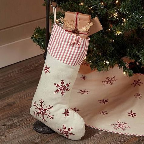 Snowflake Stocking, Piper Classics, Red Snowflakes, White Spruce, Pinecone Garland, Pine Cone Candles, Wooden Plank, Farmhouse Fabric, Rustic Bedroom Decor