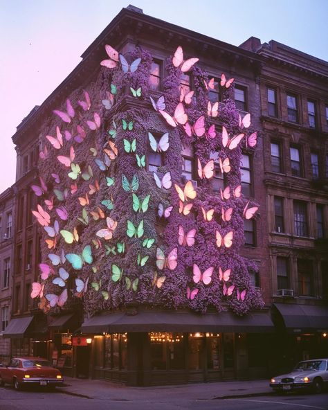 In a hidden corner of New York City lies the Night Butterfly Bar. Tucked away from the chaos of the streets, it’s a sanctuary for those who love the nighttime. Derived from the Dutch word “nachtvlinder,” which captures more than just “night butterfly,” it represents the idea of finding joy and flourishing in the darkness. Here, between the soft glow of the lights, people find comfort in the night. At the Night Butterfly Bar, everyone is welcomed to enjoy its magic within the shadows. AI-gene... Butterfly Interior Design, Butterfly Installation, Cities Aesthetic, Butterfly Bar, Butterfly Sanctuary, Night Butterfly, Magic Butterfly, Butterfly Light, Street Installation