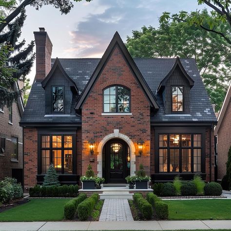 Red Brick House Black Windows, English Brick House, Outside House Design, Rustic Cottage Exterior, Brick House Exterior Makeover, Tudor Design, House Ideas Exterior, House Floor Design, Brick Home